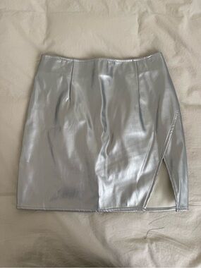 Bear Dance Metallic Silver Faux-Leather Mini Skirt with Side Slit